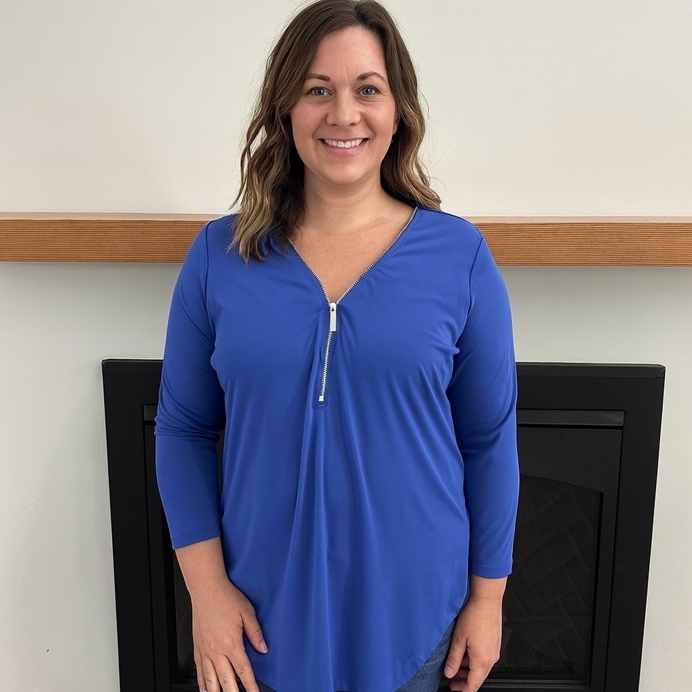 JM Collection Blue 3/4 Sleeve Zippered Blouse